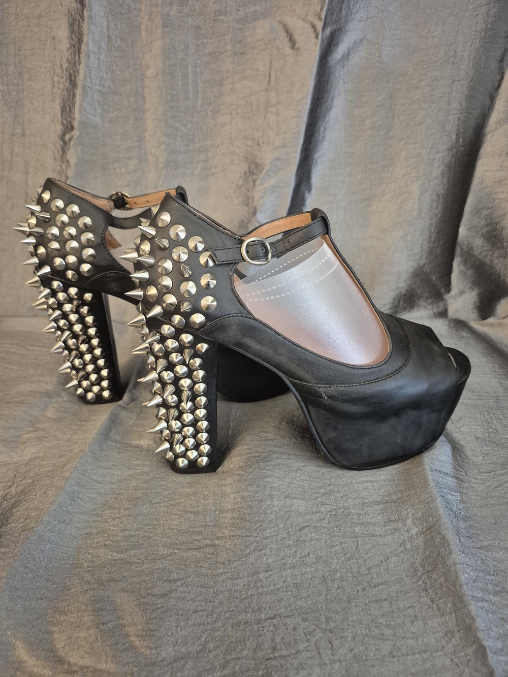 Jeffrey Campbell Black Leather Foxy Spike T-Strap Platforms 7.5- New In Box